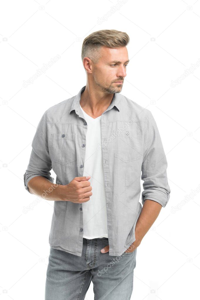 Denim trend. Feeling casual and comfortable. Menswear and fashionable clothing. Man looks handsome in casual shirt. Guy with bristle wear casual outfit. Fashion concept. Man model clothes shop