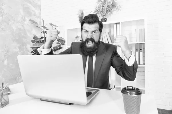 Uomo ispirato manager lavoro laptop online, concetto giorno di successo — Foto Stock