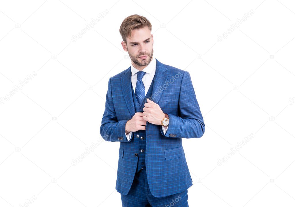 Making professional impression. Handsome man in suit isolated on white. Professional occupation