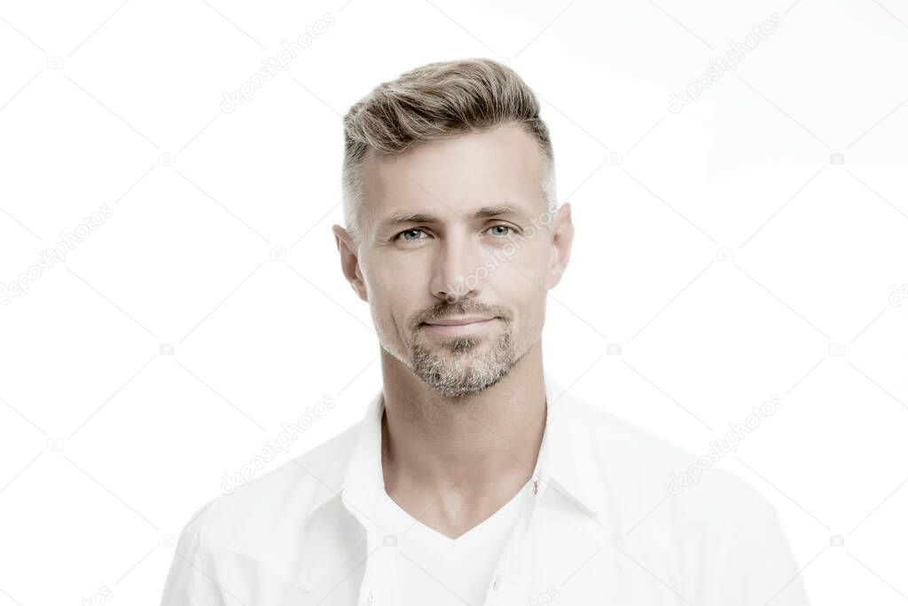 Kind glance. Male natural beauty. Man attractive well groomed facial hair. Barber shop concept. Barber hairdresser. Man mature good looking model. Anti ageing. Handsome man looking at camera close up