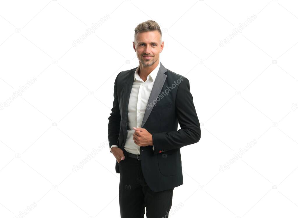 Happy man wear classic suit in business formal style isolated on white, boss