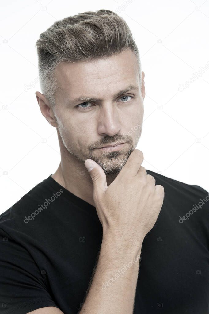 Barber shop concept. Barber and hairdresser. Man mature good looking model. Silver hair shampoo. Anti ageing. Grizzle hair suits him. Deal with gray roots. Man attractive well groomed facial hair