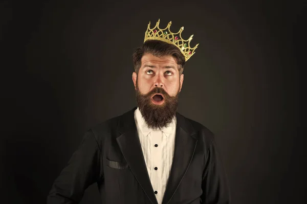 stock image Sense of self importance. Responsibility being king. All what they say is true. Handsome bearded guy king. King crown. Egoist selfish man. Superiority complex. Narcissistic person. Love yourself