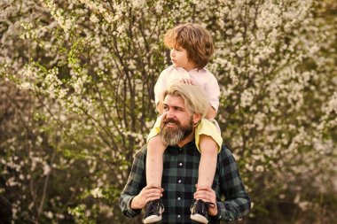 Her gün kazananlar. Çocuklar gününü birlikte kutluyoruz. Aile sevgisi ve değerleri. Birlikte dışarıda rahatlayın. Biz bir aileyiz. Küçük çocuk babasına sarılıyor. Baba ve oğul, Sakura ağacı çiçeğinin yanında. Babalar günün kutlu olsun.