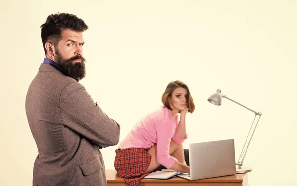 Sexy personal secretary. Full of desire. Sexual fantasy. Sexy lady worker. Ready for inspection. Sexual tension. Man boss stand in front of sexy girl working laptop. Office manager or secretary — Stock Photo, Image