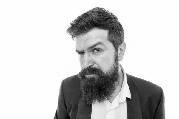 Il est temps de raser la barbe. Hipster avec barbe et poils de moustache. Homme barbu isolé sur blanc. Rasage de barbe. Le barbier se rase. Rasage classique. Soins de la peau. Soins capillaires. Hommes produits de rasage, espace de copie — Photo