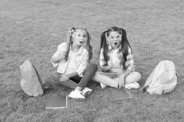 Jugando juntos. pasar tiempo libre con gafas de fiesta. niños pequeños amigos relajarse en la hierba. de vuelta a la escuela. literatura para niñas. hacer los deberes juntos. encontrar algo interesante en el libro. tomando notas —  Fotos de Stock