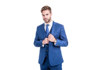 Tıraşsız ofis çalışanı donanma üç parçalı takım elbise giyer resmi iş tarzı, beyaz yakalı.