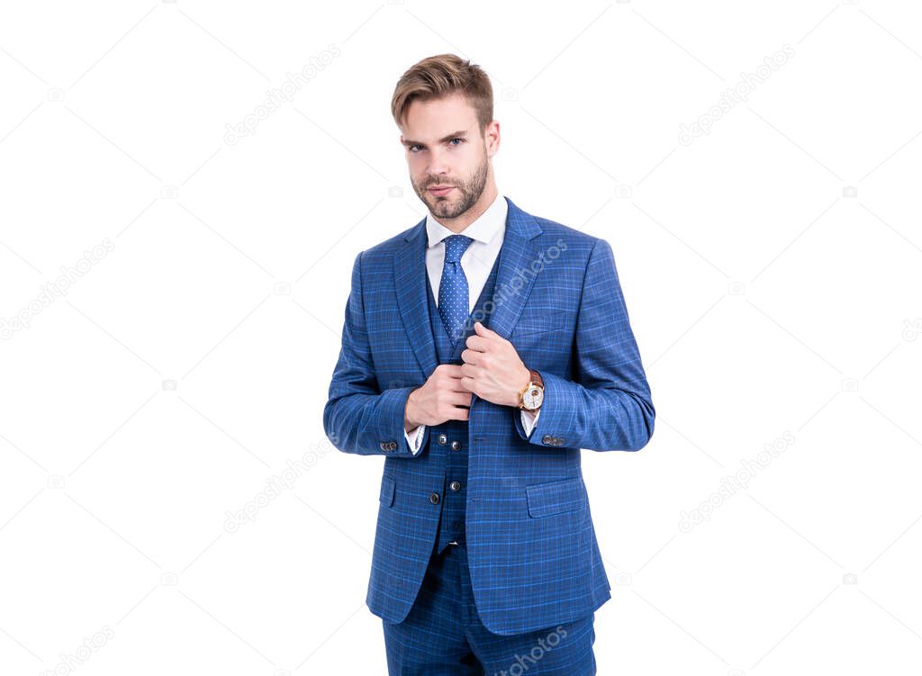 Unshaven office worker wear navy three-piece suit in formal business style, white collar