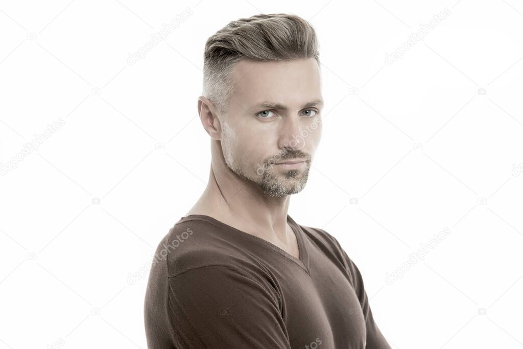 Silver hair shampoo. Anti ageing. Grizzle hair suits him. Deal with gray roots. Man attractive well groomed facial hair. Barber shop concept. Barber and hairdresser. Man mature good looking model