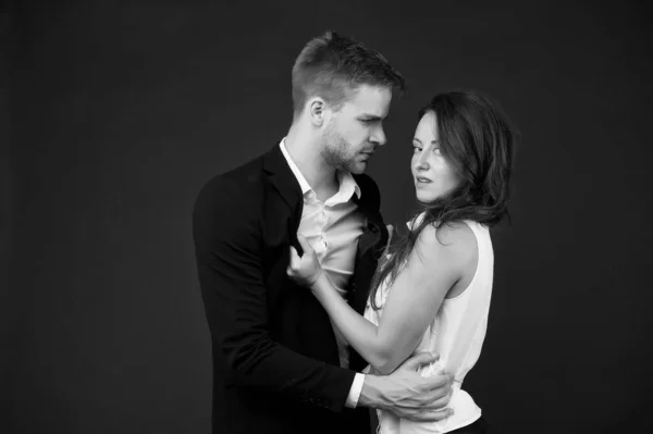 Sexy couple in love. business couple represent sexual harassment. Office fashion and corporate attire. Desirable colleague. concept of partnership. man and woman embrace. love and romance — Stock Photo, Image