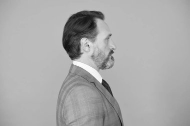 Yakışıklı, olgun, sakallı, takım elbiseli bir adam.