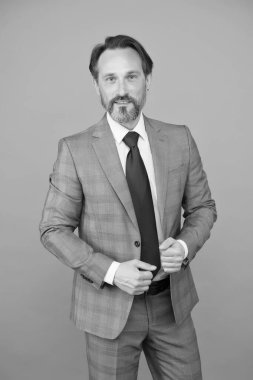 Yakışıklı, olgun bir çalışan resmi takım elbise giyer, erkek giyim konsepti