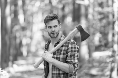 Sıradan bir gün. Ormanda kereste işçisi. Hafta sonunu ormanda piknik yaparak geçirmek. Adam baltayla odun kırmaya ve odun kesmeye hazır. Ağacı kesmeye hazırlanın. Yakacak odunları baltayla doğramak.