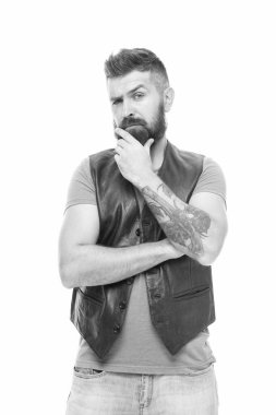 Farklı bir şekilde düşün. Bıyık ve sakal stili. Moda modası sakal tımar etme. Düşünceli adam karar verir. Sakallı hippi vahşi adam. Erkeklik kavramı. Berber dükkanı ve sakal bakımı.