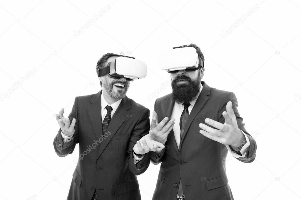 Working with innovative technologies. virtual reality. Partnership and teamwork. mature men with beard in formal suit. businessmen wear VR glasses. modern technology in agile business. Digital future