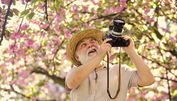 Senior man hold professional camera. Photography courses. Happy grandfather. Travel and tourism. Spring holidays. Travel photo. Retirement travel. Capturing beauty. Photographer in blooming garden