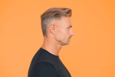 Mükemmel ten rengi. Ben sadece bir insanım. Yüz bakımı ve yaşlanma. Çekici, olgun bir adam. Gri saçlı ve kıllı, olgun bir adam. Erkek portresi konsepti. Erkekler yaşlandıkça daha çekici oluyorlar. Olgun yüzün güzelliği