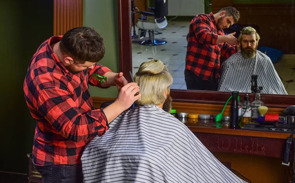 Just fabulous hair. male beauty and fashion. mature man at barbershop. bearded man at hairdresser. professional barber with male client. hipster with dyed beard and moustache. man want new hairstyle