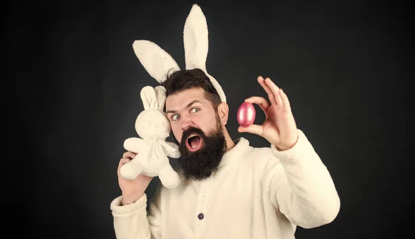 This easter egg is perfect. Happy man with rabbit ears holding bunny toy and egg. Spring holiday. Bearded man in rabbit costume with easter egg and hare toy. Spring, new life and fertility