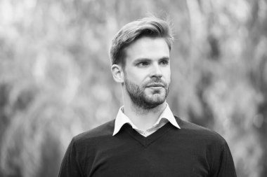 Tüylü adam süveter giyiyor. Berber dükkanı konsepti. Sıradan moda tarzı. Genç, traşsız bir adam. Erkek güzellik ve moda. Erkek güzellik standartları. Berber dükkanı servisi