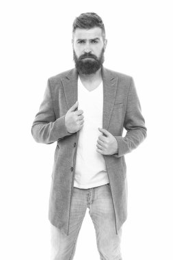Basitlik anahtardır. Modern kıyafet. Şık bir kıyafet. Erkek giyim ve moda konsepti. Sakallı hippi, şık bir ceket. Sıradan bir ceket her durum için mükemmeldir. Moda uzmanının danışmanı