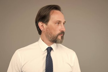 Yüz bakımı. Olgun iş adamının saçları beyazlamış. Kendine güvenen ve yakışıklı bir adam. Erkek resmi moda. Başarılı bir iş adamı gömlek ve kravat giyer. Ofis çalışanı. erkek berber bakımı