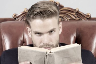 Katı yüz okuma, ders çalışma, kendini geliştirme. İş eğitimi konsepti. Tüylü adam başarılı ve zeki bir girişimci. İş adamı resmi takımı deri koltuğa oturur, gri arka plan