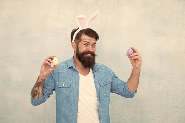 Celebration of spring holiday. Bearded man bunny ears and Easter eggs. Everything you need for Easter is here. Hipster long ears holding egg. Culture customs and traditions. Easter bunny colored eggs