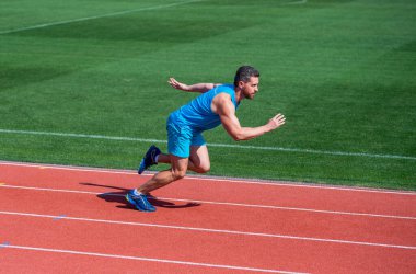 Finişte koşucu. Sporcu, stadyumda yarışmaya hazır ol. Yeni başlayanlar için ipuçları çalıştırılıyor.