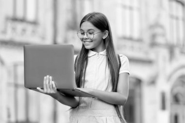 İnternet 'te online okul eğitimi ve çocukluk gelişimi için bilgisayar başında yazı yazan zeki bir çocuk.