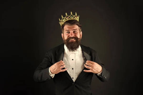 i am the best. King of style. bearded man wear golden crown. elegant man in formal wear at special event. Party king. he is vip client. Premium user concept. reward for business success. Top manager