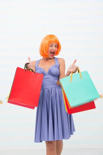 happy woman go shopping, copy space. Crazy girl with shopping bags. Last preparations. big sale in mall. Happy shopping online. Happy holidays. Fashion. Black Friday sales. Shopping time