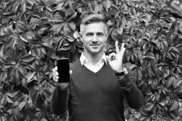 Modern cep telefonu kullanan yakışıklı bir erkek. Sonbahar yaprakları üzerinde olgun bir adam. Sonbahar işleri gündelik moda. Erkek gösterisi Tamam jest. En iyi kalite. açık havada karizmatik ve başarılı bir adam