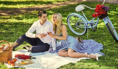 Şarap içen sevimli bir çift. Romantizm konsepti. - Şerefe. Yıldönümünü kutlayalım. Kırsal kesimde romantik günbatımı pikniğinin tadını çıkaran çekici bir çift. Güneşli bir günde şarap içen çift. Sonsuza dek birlikte. Gerçek aşk.