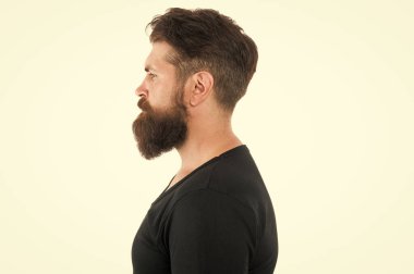 Profilde saç stilini göster. Daha zarif görünmesini sağla. Güven ve başarı. Zarafet modada kalır. Adam beyaz üzerinde yalnız poz veriyor. Sıradan kıyafetlerle manken olmak. Bahar kıyafeti giyen adam.