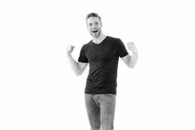 Yakışıklı, neşeli, başarılı adam. Liderlik ve rekabet. Güçlü kaslı vücut güçlü arka görüş hissediyor. Başarılı bir atlet. Zafer ve başarı. Şampiyon. Başarılı adam kutlama yapıyor.