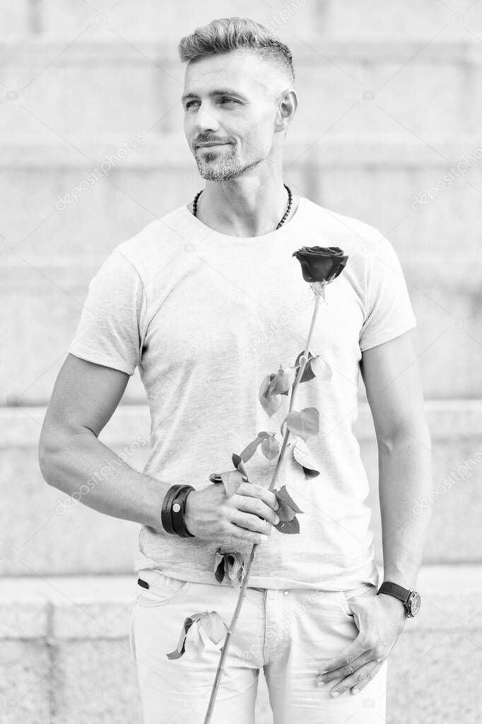 Valentines Day is finally here. Bearded man holding valentines flowering gift on february 14. Handsome guy with red rose for valentines day celebration. Red valentines rose to symbolize true love