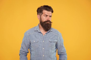 Denim tarzı. Ciddi bir hippi sarı arka planı var. Sakallı adam hippi sakalı takıyor. Vahşi bakışlı hippi. Sıradan tarzda bir hippi. Berber dükkanı. Erkek kuaför salonu. Moda ve tarz. Erkek giyim mağazası