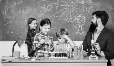 Bilim her zaman çözümdür. Tepkiyi gözlemle. Okulun kimya deneyi. Çocuklara kimyayı açıklıyorum. Büyüleyici kimya dersi. Sınıfında test tüpleri olan sakallı bir öğretmen ve öğrenciler.