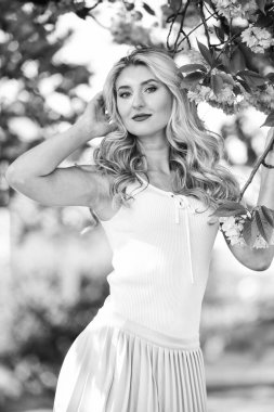 Çiçek aroması tedavisi. Eski ve eski moda. Saf güzellik dişisi. Tasasız ve mutlu bir kadın. Seksi kız sakura çiçeğinin tadını çıkarıyor. Bahar çiçeği açan ağaç. pembe kiraz ağacı çiçekleri