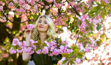 Bu benim en iyi yaz tatilim. Kiraz ağacı bahçesinde sağlıklı bir kız. Klasik yaz modası. Parkta bahar doğası çiçek açar. Retro kadın sakura çiçeği kokusu alıyor. Kaplıca ve güzellik tedavisi. yumuşak cilt bakımı