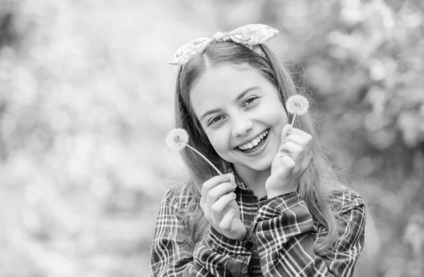 Having fun. Summer is here. Summer garden flower. Girl country rustic style checkered shirt nature background. Celebrating return of summer. Dandelion beautiful and full symbolism. Light as dandelion — Stock Photo, Image