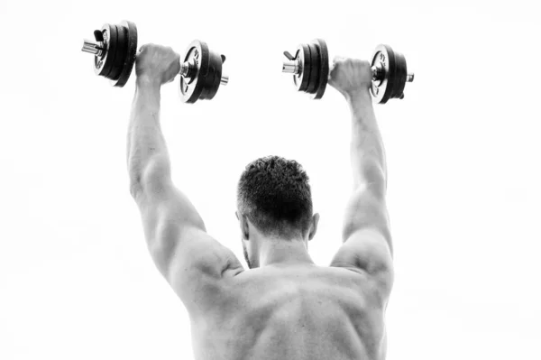 Feliz e desportivo. Estilo de vida saudável. Homem de costas musculoso exercitando-se de manhã com barbell. corpo atlético. Ginásio de halteres. equipamento de fitness e desporto. homem desportista levantamento de peso. esteroides — Fotografia de Stock