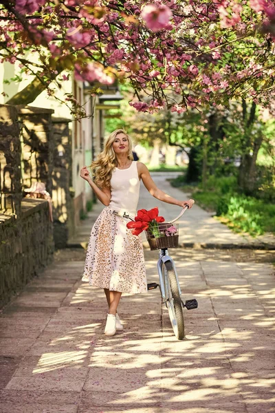Nyári szünet. Kerékpáros túrák. Biciklis kaland. Városi kirándulás. Virágzik a cseresznyefa. Női retró biciklizés. Biciklitúrák. Utazási koncepció. Biciklizni. Lány és sakura virágzik — Stock Fotó