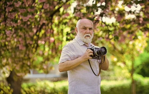 Conceito de viagem. fotógrafo masculino desfrutar flor de cereja. viajar e caminhar no parque de flores de cerejeira. hobby na aposentadoria. turismo e férias. viajante câmera homem sob sakura flor — Fotografia de Stock