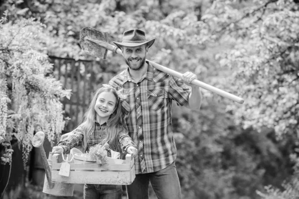 Day at farm. Popular in garden care. Planting flowers. Plant veggies. Planting season. Inspect your garden daily to spot insect trouble early. Family dad and daughter little girl planting plants — Stock Photo, Image