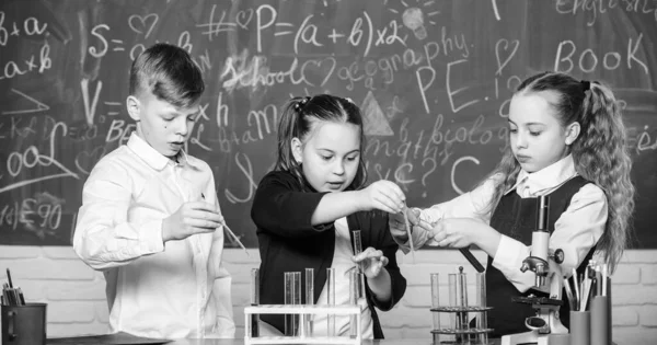 Tubos de ensaio com substâncias líquidas coloridas. Estudo de estados líquidos. Alunos de escola de grupo estudam líquidos químicos. Laboratório escolar. Meninas e meninos conduzem experimentos com líquidos. Conceito de trabalho em equipa — Fotografia de Stock