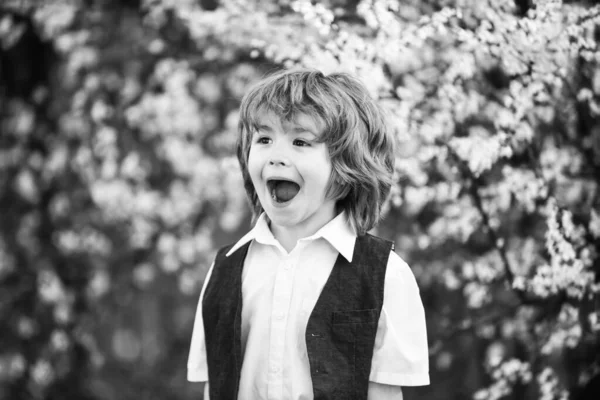 Mutluluk. Heyecanlı çocuk. Sevimli çocuk bahar bahçesi. Uluslararası Çocuk Günü. Mutlu bir çocukluk. Sağlıklı bir çocuk. Çocuk bakımı. Yaz tatilini kutlayın. Erkek doğası geçmişi. Çocuk gelişimi — Stok fotoğraf
