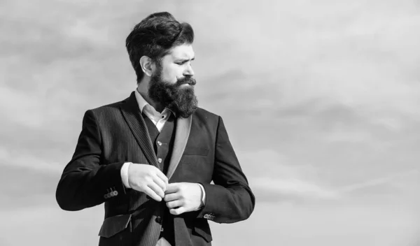 Fashion trend. Guy beard and mustache wear formal clothes. Just right. Businessman bearded face sky background. Flawless outfit. Man formal suit adjusting jacket. Male fashion formal menswear — Stock Photo, Image